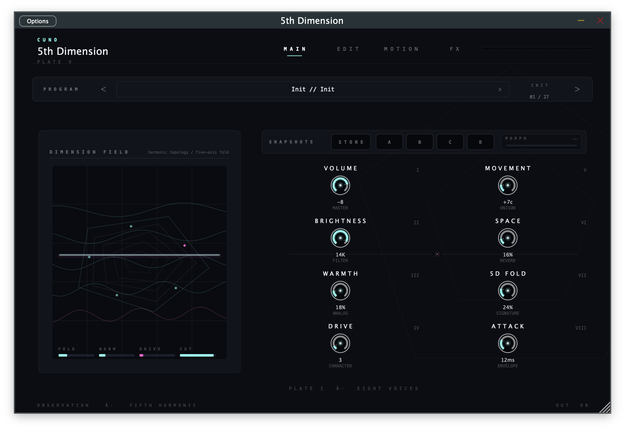 5th Dimension VST and AU synth plugin interface.