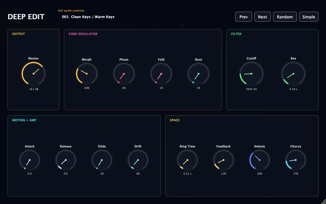 SOLAR deep edit page with output, core oscillator, filter, motion and amp, and space controls.