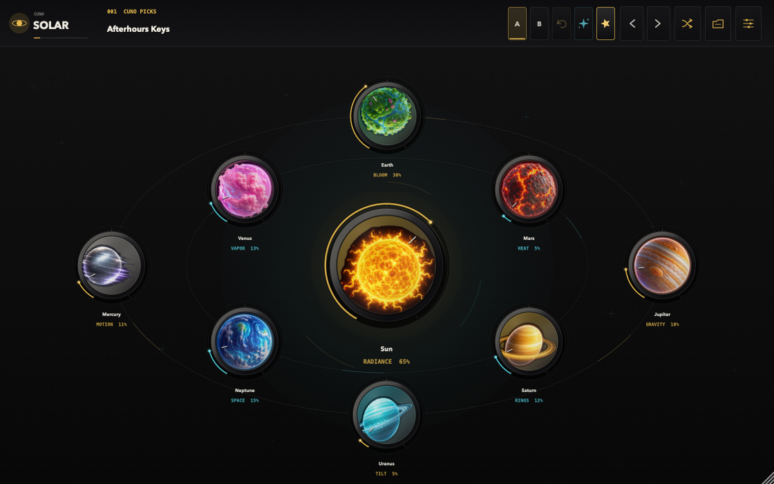 SOLAR performance page reacting to audio, with bright energy around the centered Sun and planet controls on two orbits.