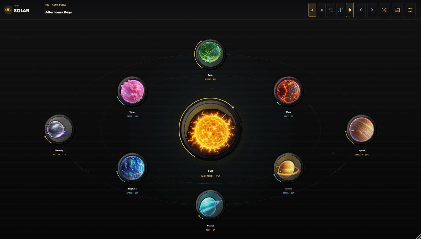 SOLAR version 0.8.0 Play interface with a centered Sun and planetary macro controls on calibrated orbits.